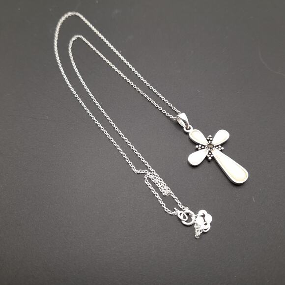 Mother of Pearl Cross Necklace, 925 Sterling Silver, Marcasite Center, 18", Thai - Picture 9 of 9